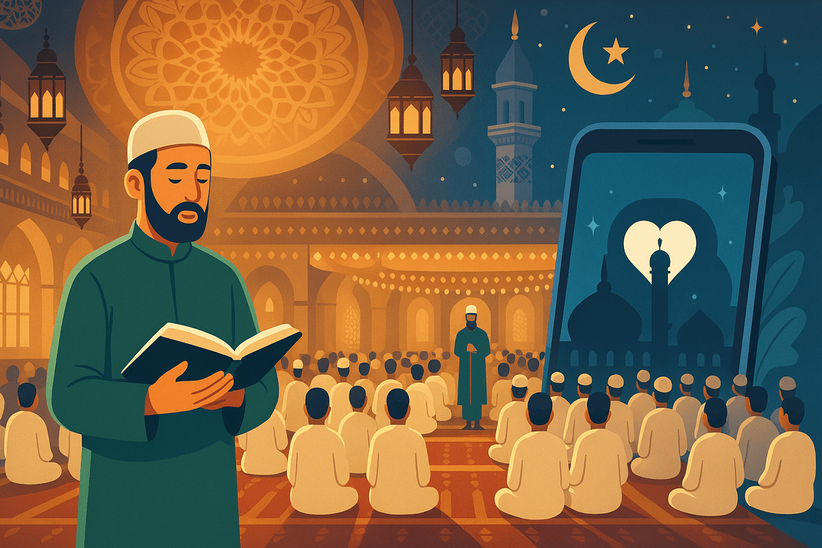 A detailed digital illustration depicting Taraweeh prayers during Ramadan in a beautifully lit mosque. The scene shows Muslims gathered in rows for prayer, symbolizing unity, devotion, and sincerity in worship during the sacred nights of Ramadan. The art reflects the contrast between sincere worship and social media's influence on modern worship practices.