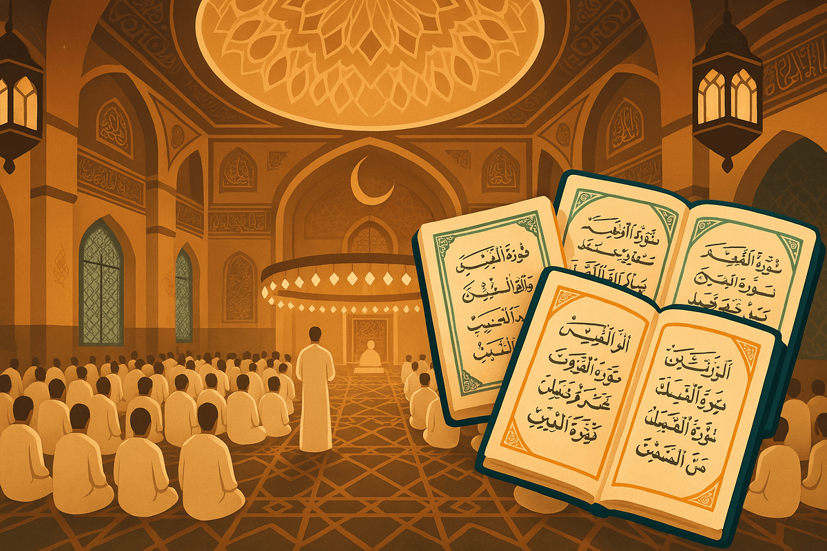 Grand mosque interior during Eid prayers, illuminated by chandeliers with Islamic patterns and architecture, representing worship during Eid al-Fitr and Eid al-Adha.